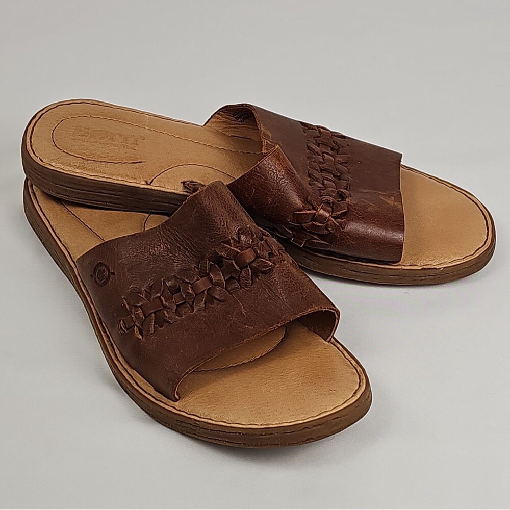 Born Brown Leather Slide Sandals Woven Strap Comfort Casual Women’s Size 9